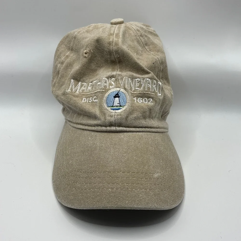 Vintage Hat Triangle Martha's Vineyard Tan Cotton Lighthouse Embroidered Cap